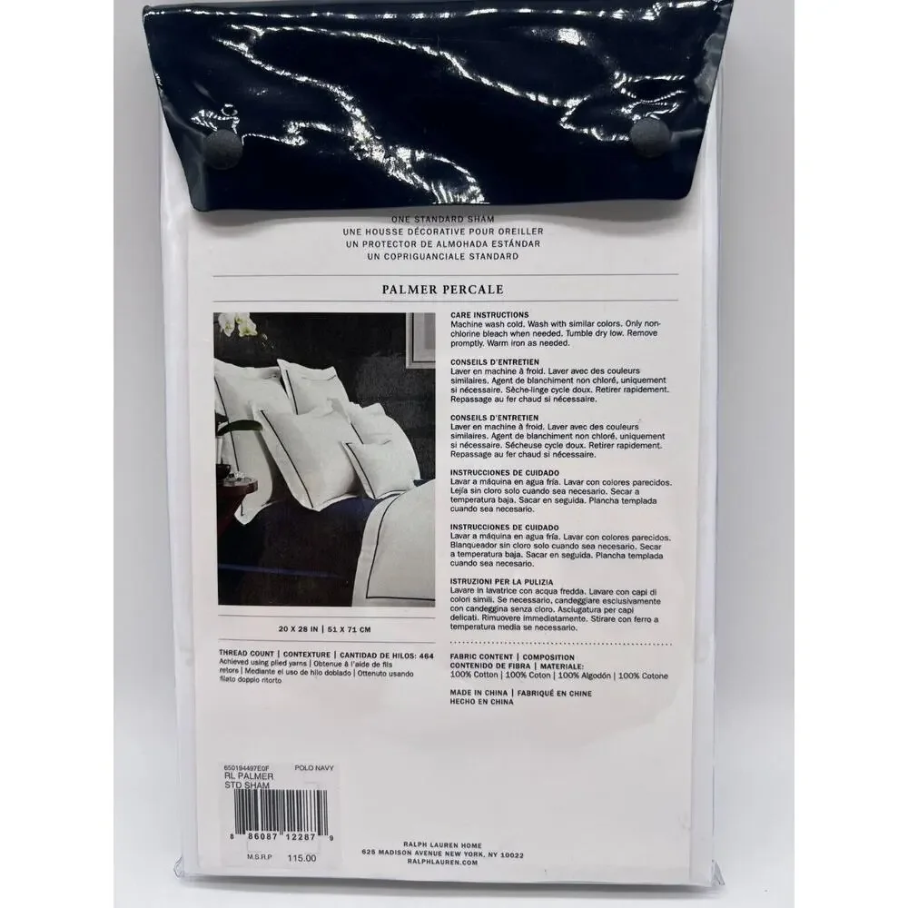 Ralph Lauren Palmer 100% Cotton Percale White Polo Navy Blue Standard Sham NEW